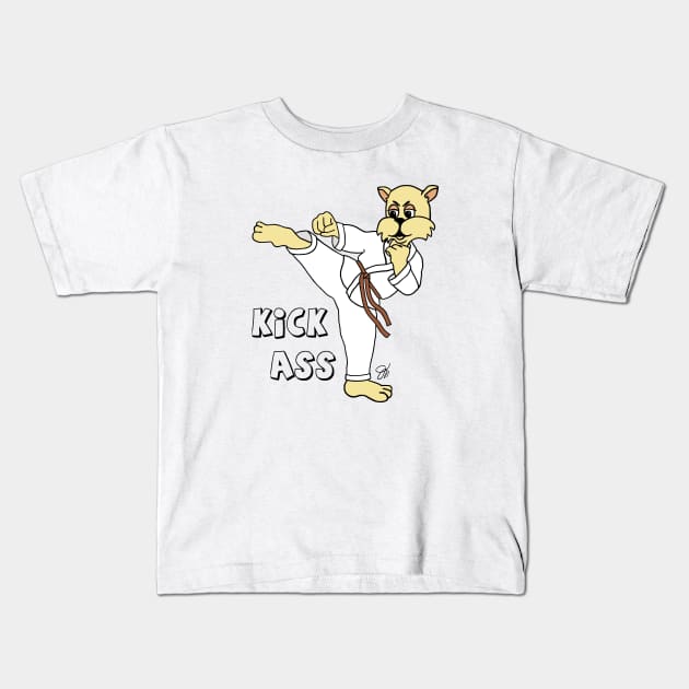 Fat Cat Kick Ass Karate Cat Kids T-Shirt by artbydesign